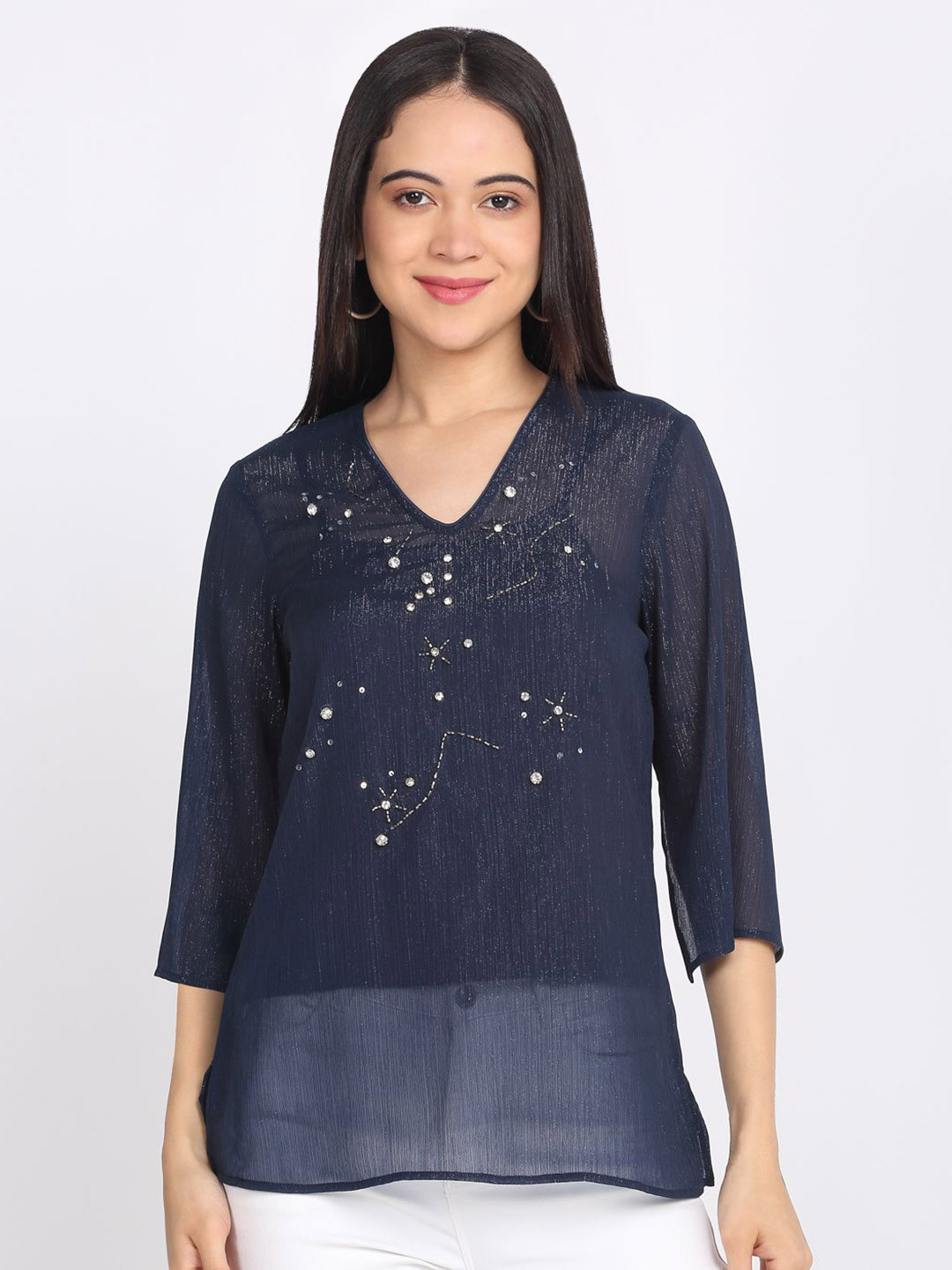 SHAYE Women Navy Blue V-Neck Embroidered Three-Quarter Sleeves Tops With Cami