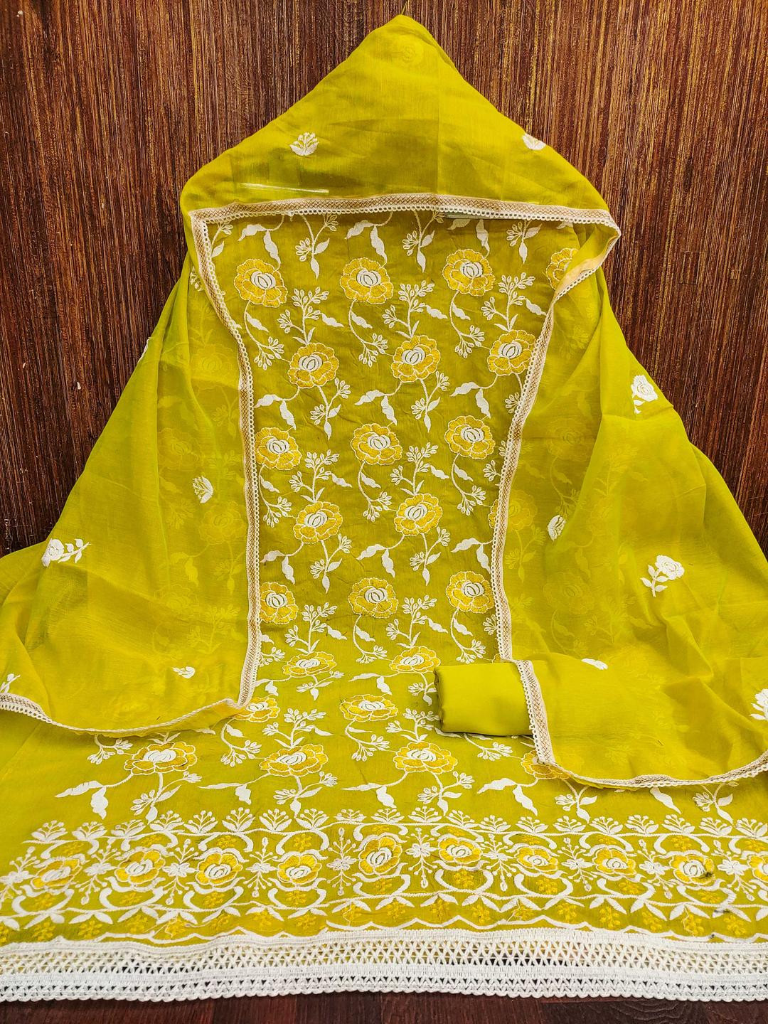 Kalini Women Light Green Chanderi Cotton Embroidery Unstitched Dress Material with Dupatta