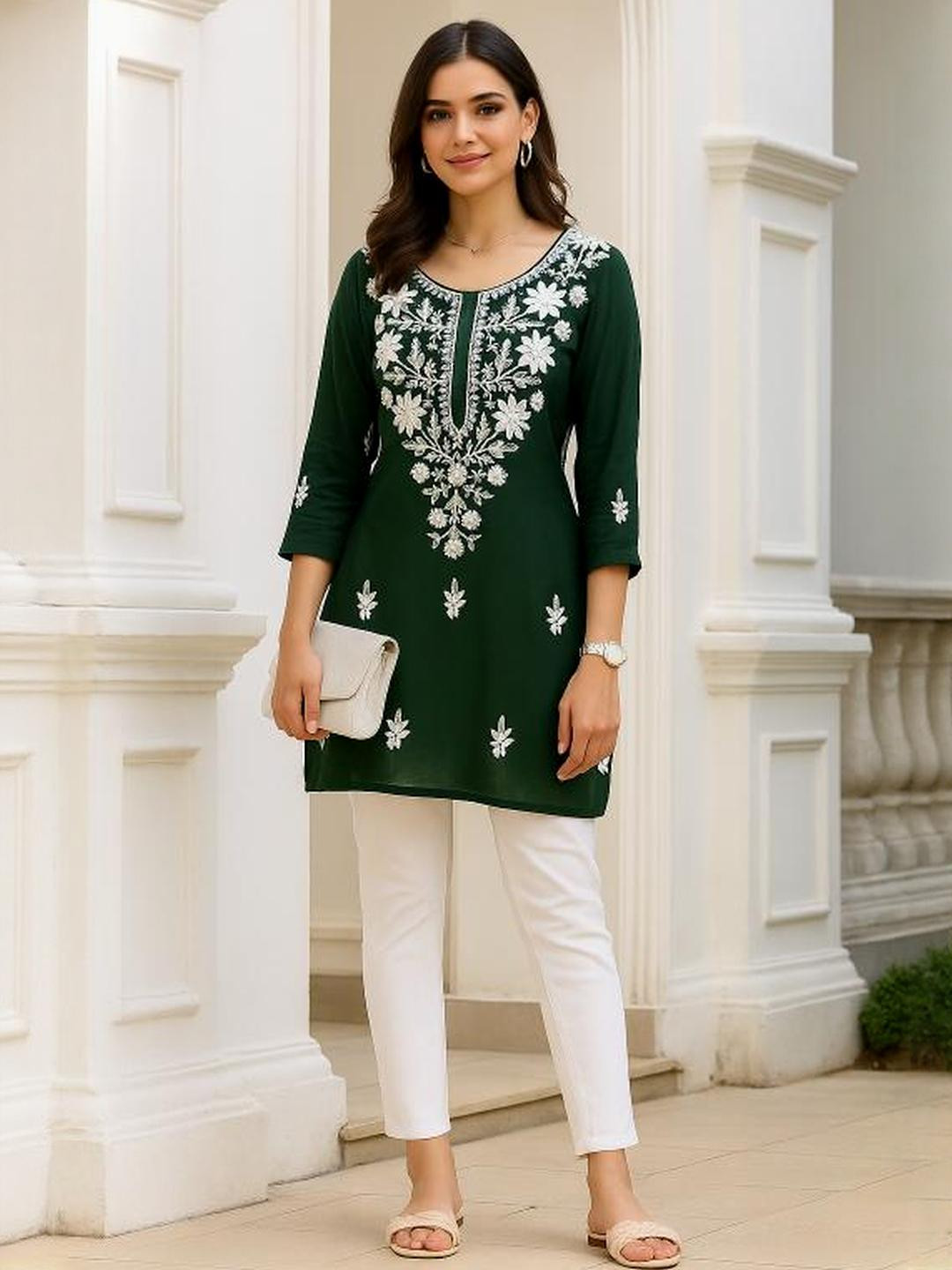 HERE&NOW Women Black Round Neck Floral Embroidered Rayon Lucknow Chikankari Kurti