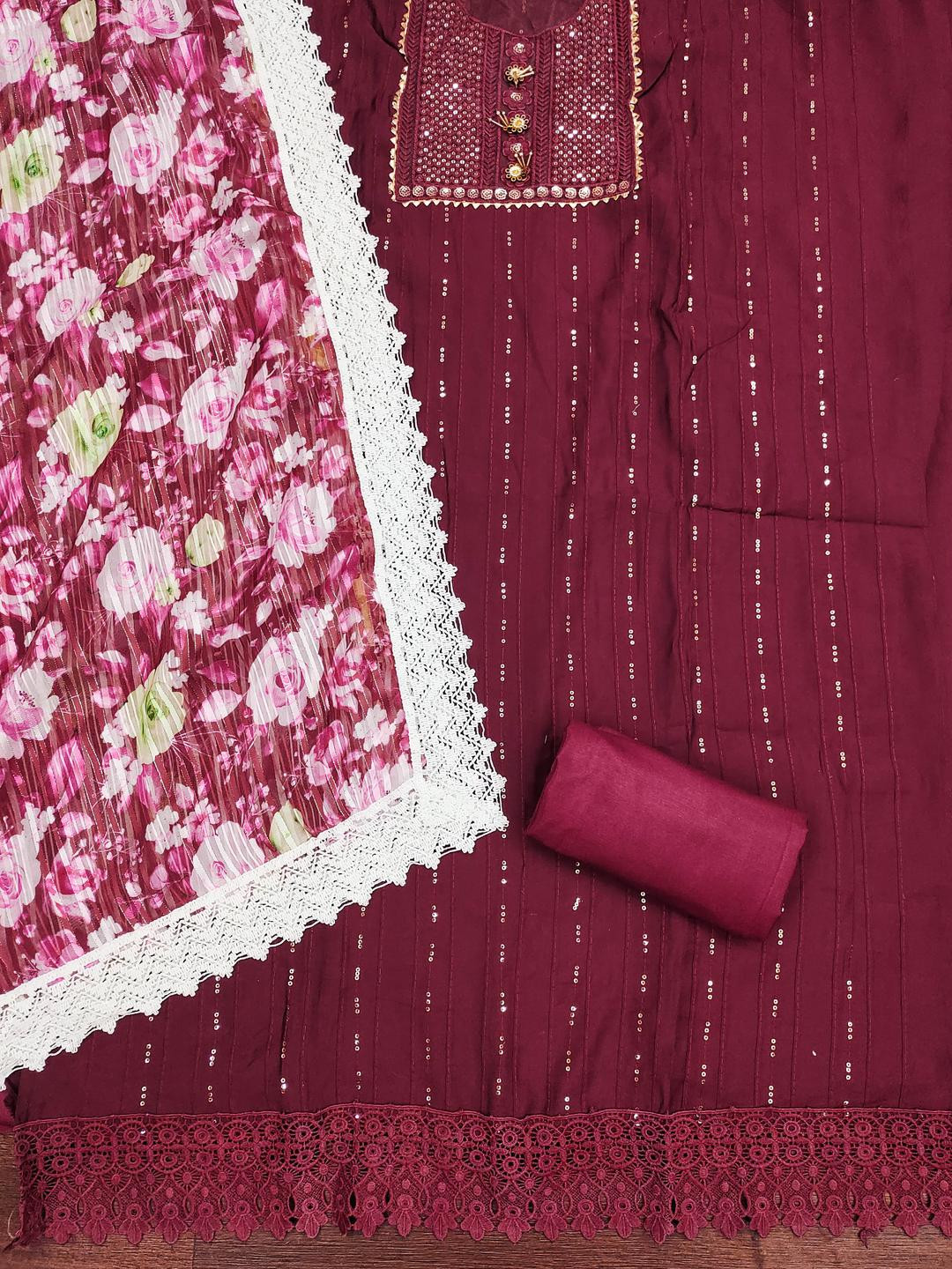 Kalini Women Maroon Roman Silk Sequence Unstitched Dress Material with Dupatta