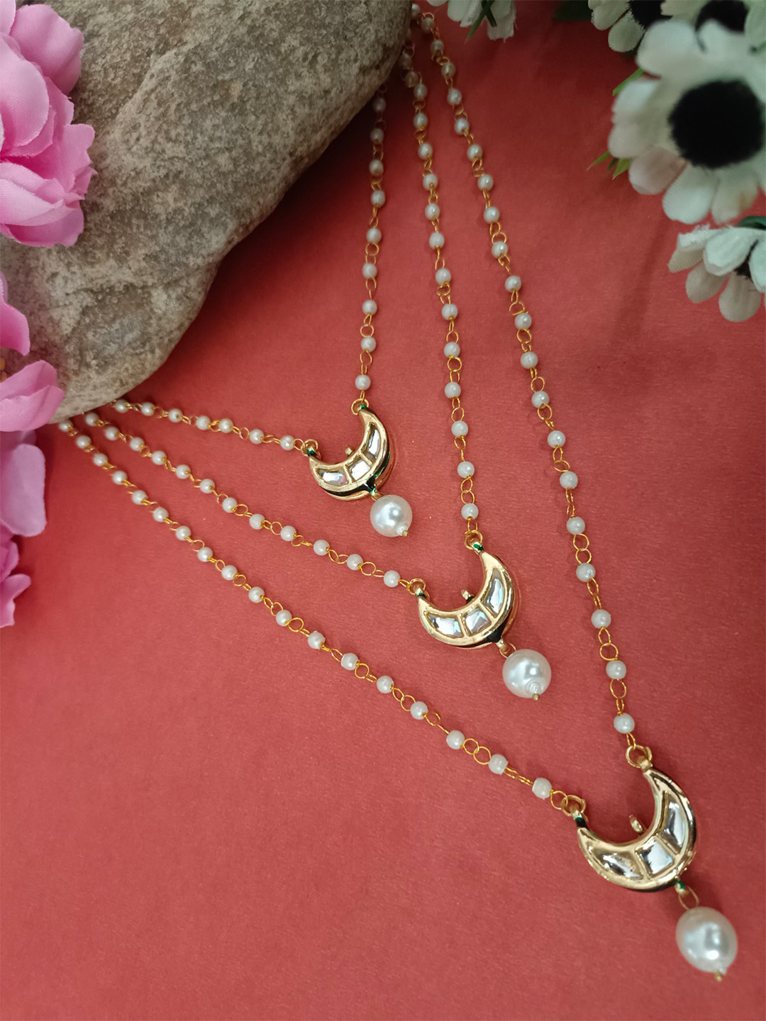Sanjog Gold-Plated Kundan Studded Crescent Moon Charms Layered Collor Pearl Necklace
