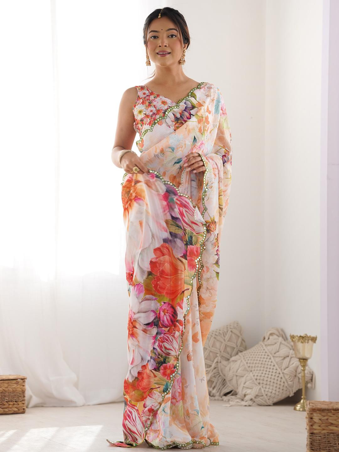 Sangria Women Floral Embellished Gotta Patti Poly Chiffon Saree