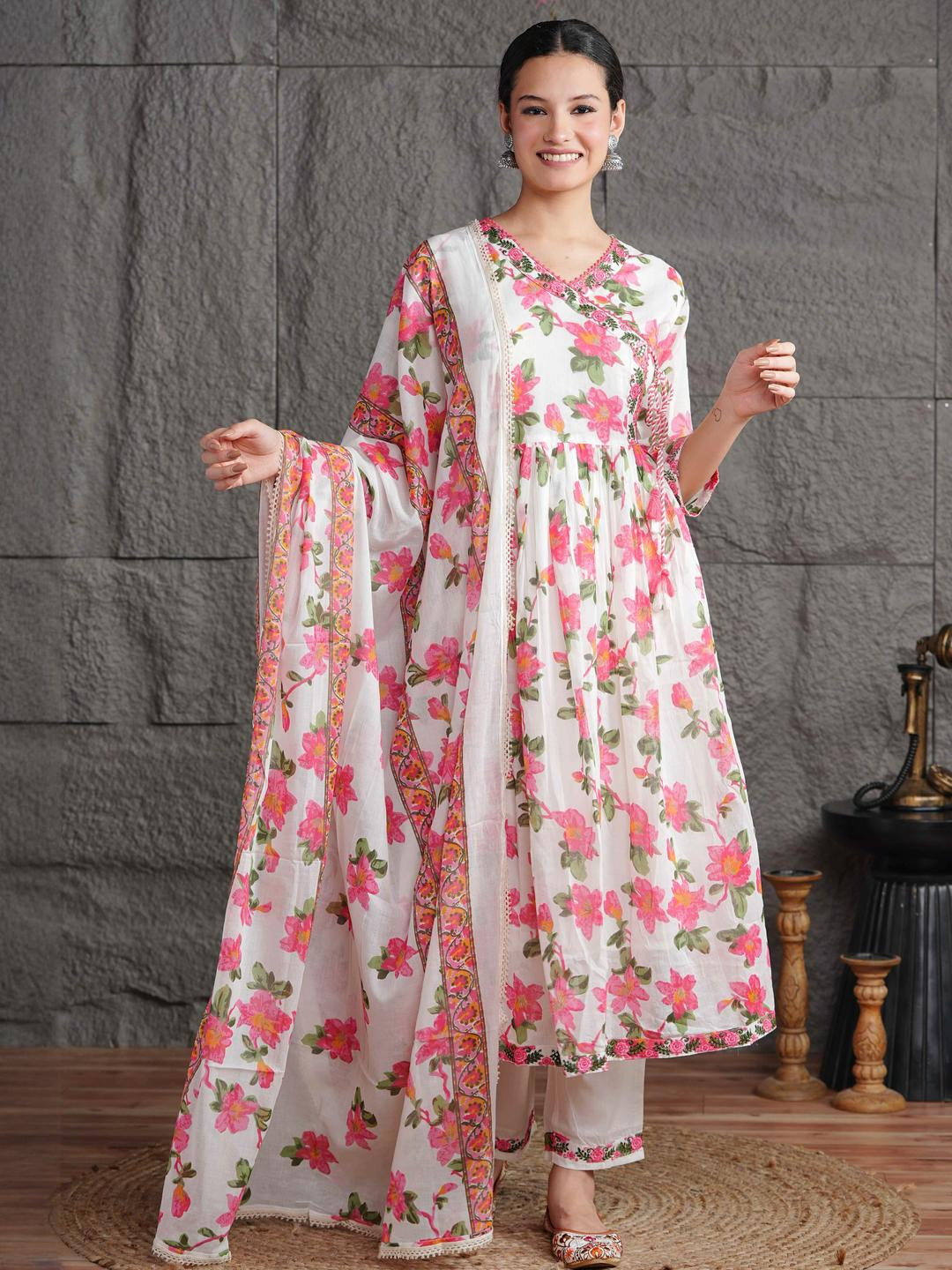 Anouk Women Anarkali Kurta & Angarkha Pattern & Embroidery Work Kurta Trousers & Dupatta