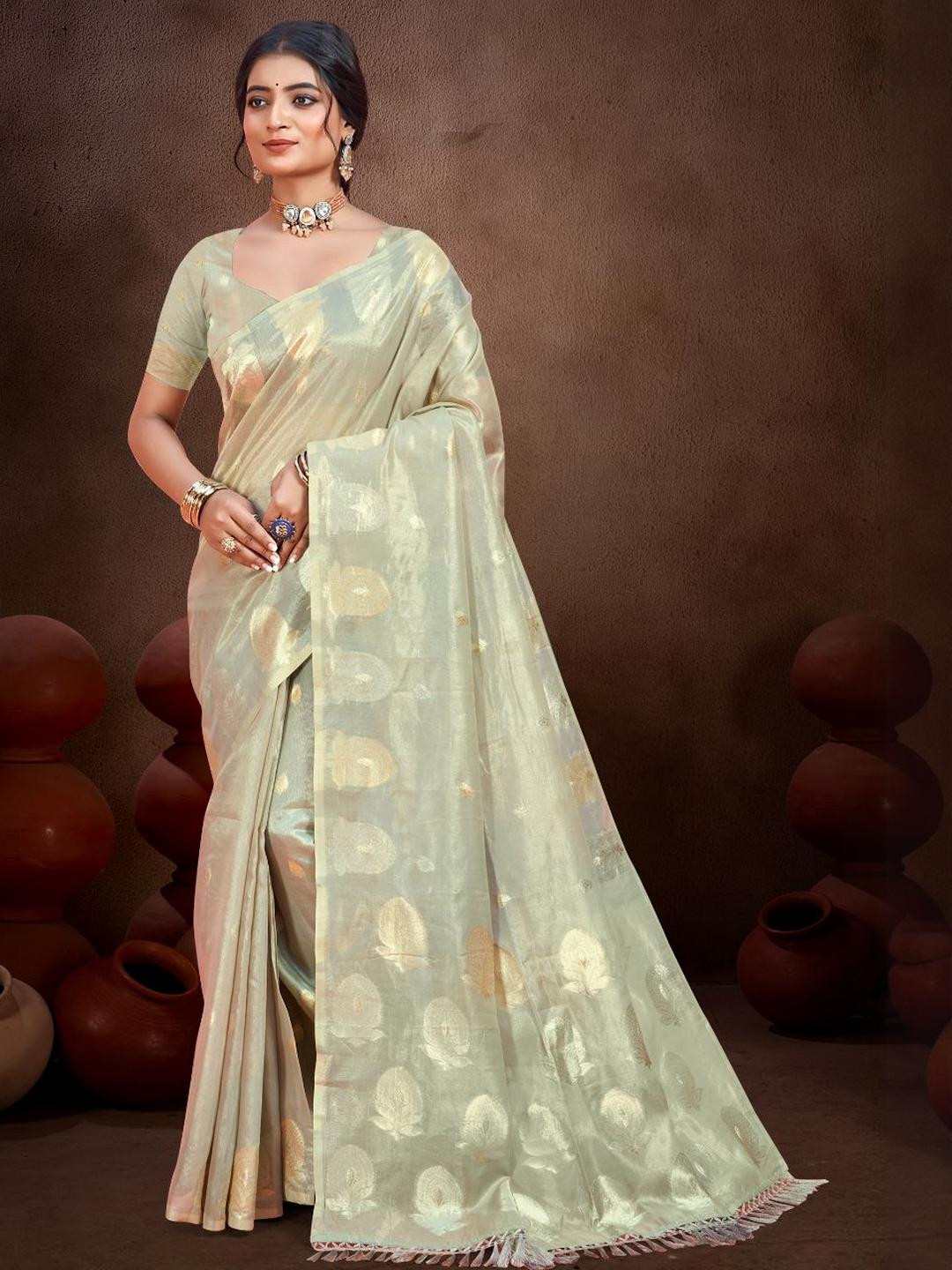 SANGAM PRINTS Floral Woven Design Zari Munga Kota Tussar Saree With Blouse Pieces