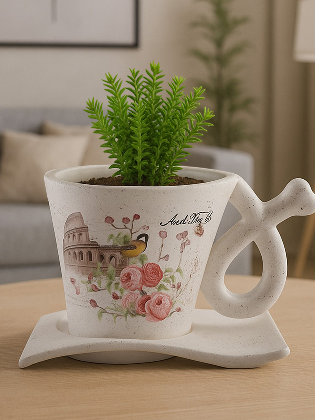 AARVI DECOR STUDIO White Ceramic Printed Teapot Trellis Vase