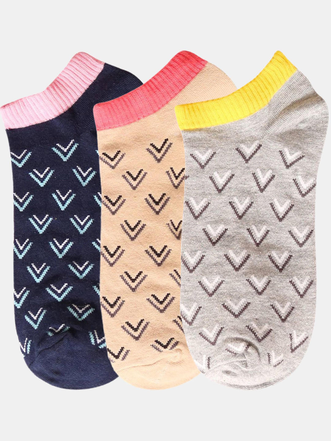 N2S NEXT2SKIN Women Pack Of 3 Line & Shape Pattern Cotton Ankle-Length Socks