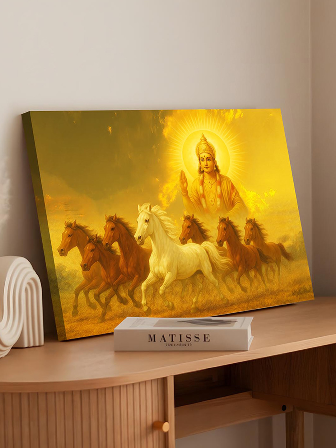 Art Street Yellow & White Shurya Dev Seven Running Horses Canvas Wall Art