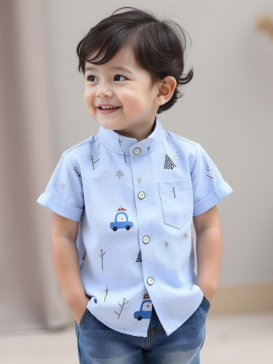 KIDGARB Boys Light Blue Graphic Printed Short Sleeve Casual Shirt.