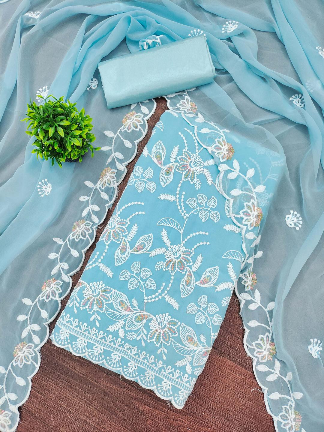 Sky Blue Georgette Embroidered Dress Material for Women with Dupatta  Kalini