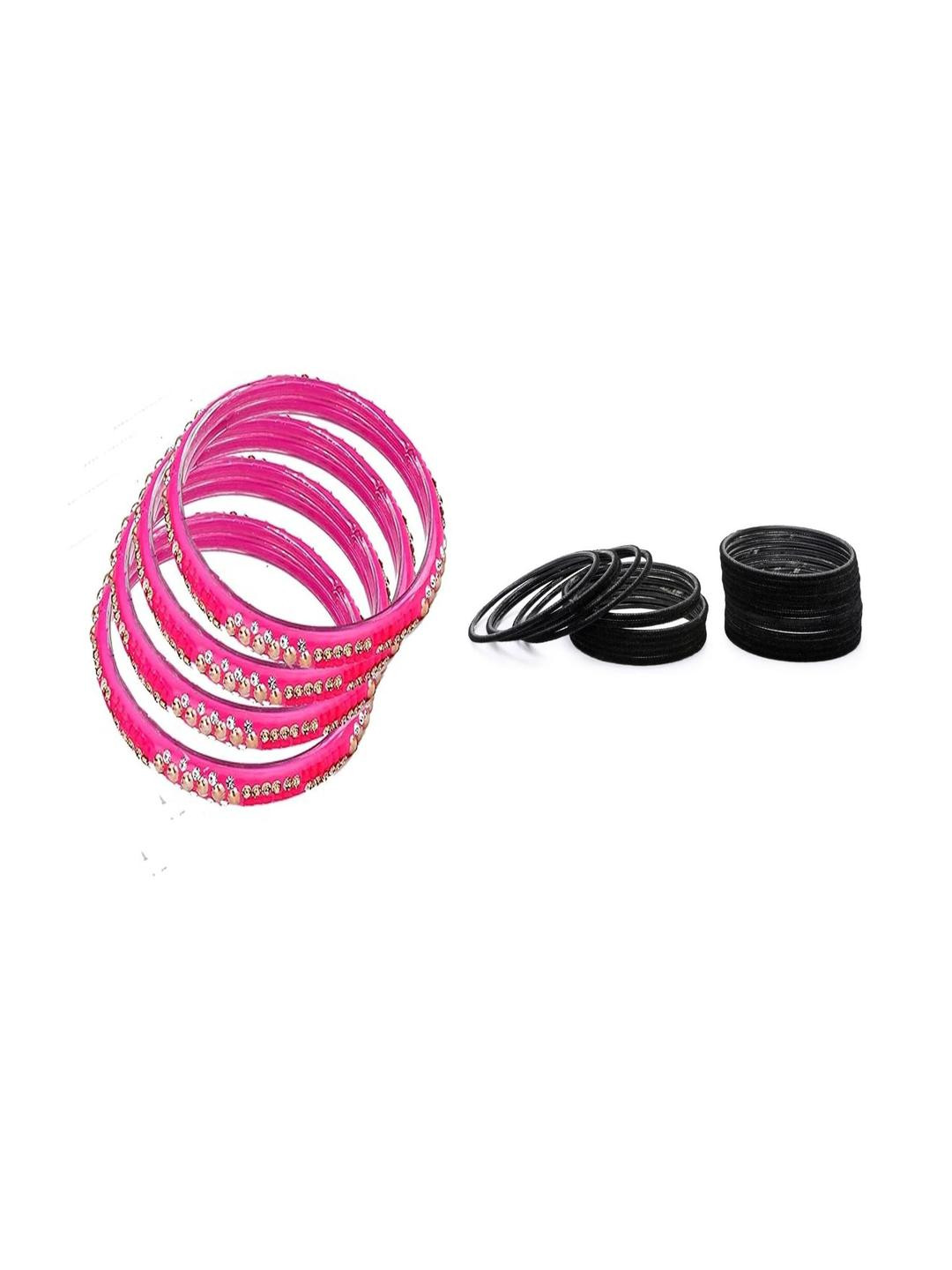 Somil Women Pink & Black Pack Of 28 Handmade Traditional Glass Bangle Set
