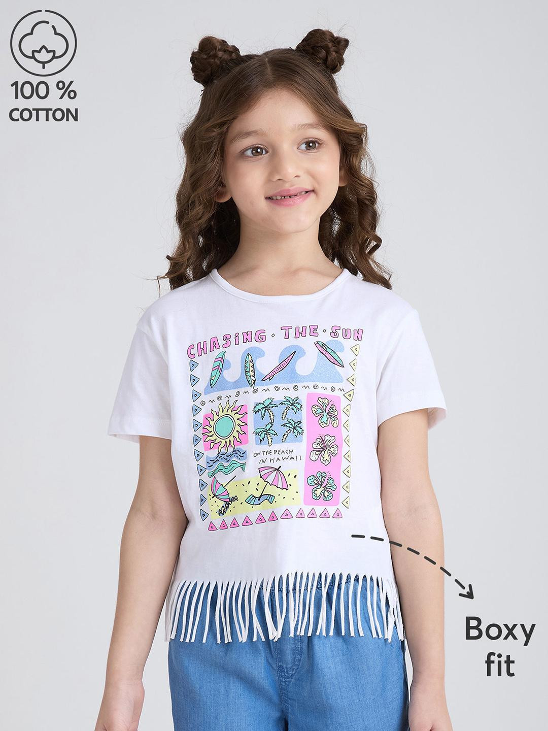 Hopscotch Girls White Cotton Chasing The Sun Printed Fringe T-shirt