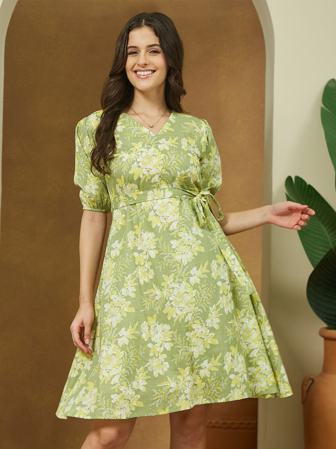 Janasya Women Light Green Pure Cotton Floral Printed A-line Dress
