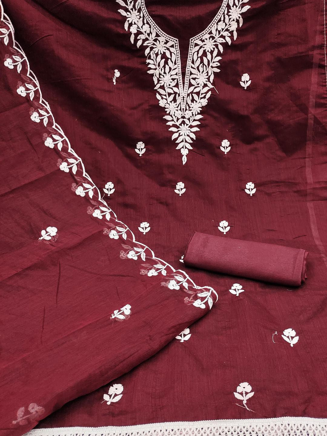 Kalini Women Maroon Chanderi Cotton Weaving Unstitched Dress Material with Dupatta
