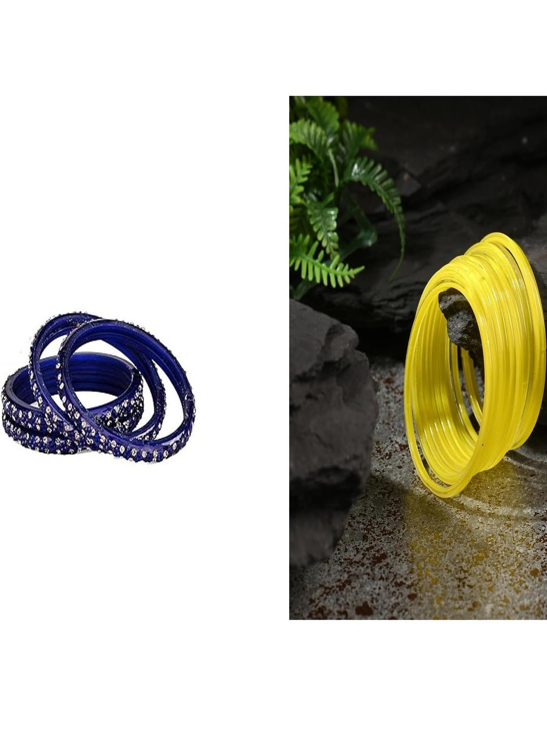 SOMIL Women Pack of 16 Yellow & Blue Glass With Artificial Beads Bangles