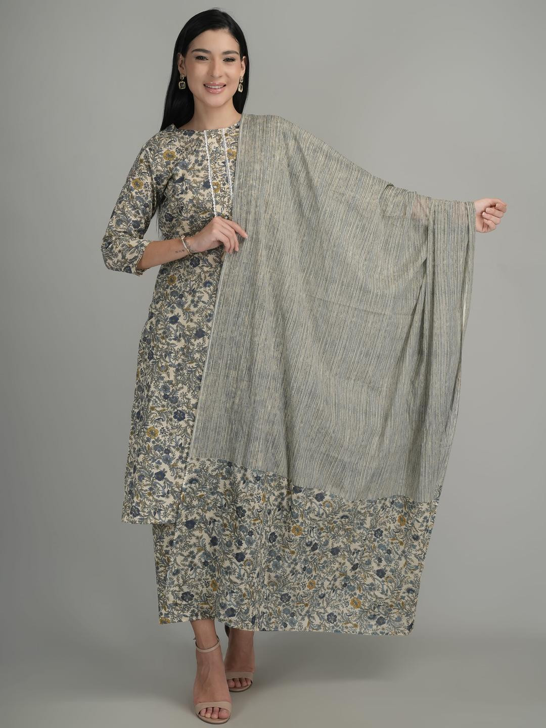 ETRAANA Women Beige Floral Printed Pure Cotton Kurta Set