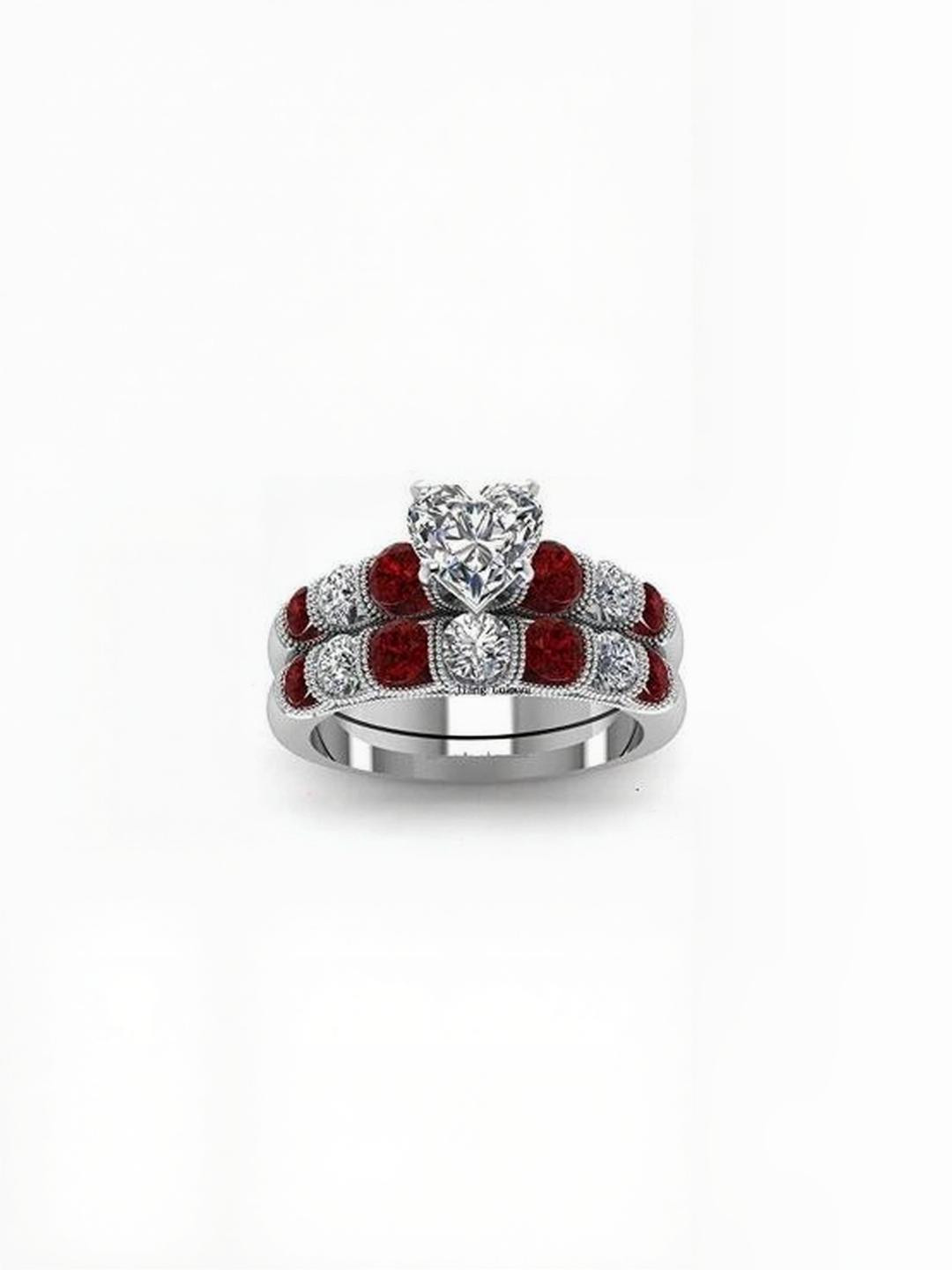 Moneekar Jewels Unisex 2 Pcs Red & Silver-Plated Stainless Steel Cubic Zirconia Rings