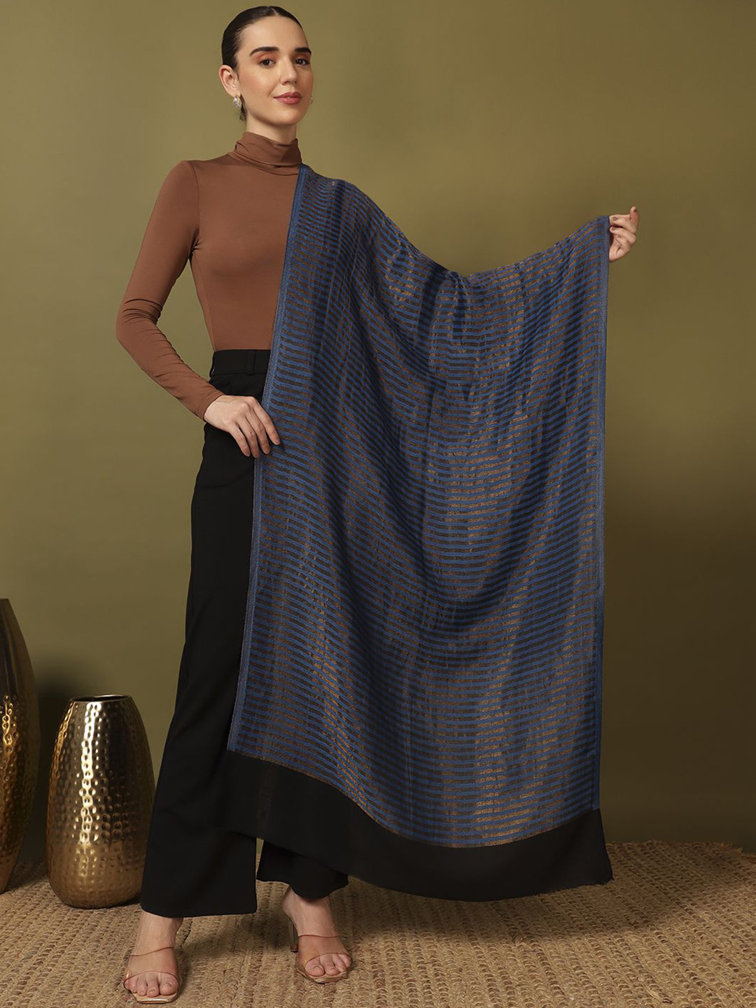 Pashmoda Zargul Striped Woven Design Zari Reversible Woolen Shawl