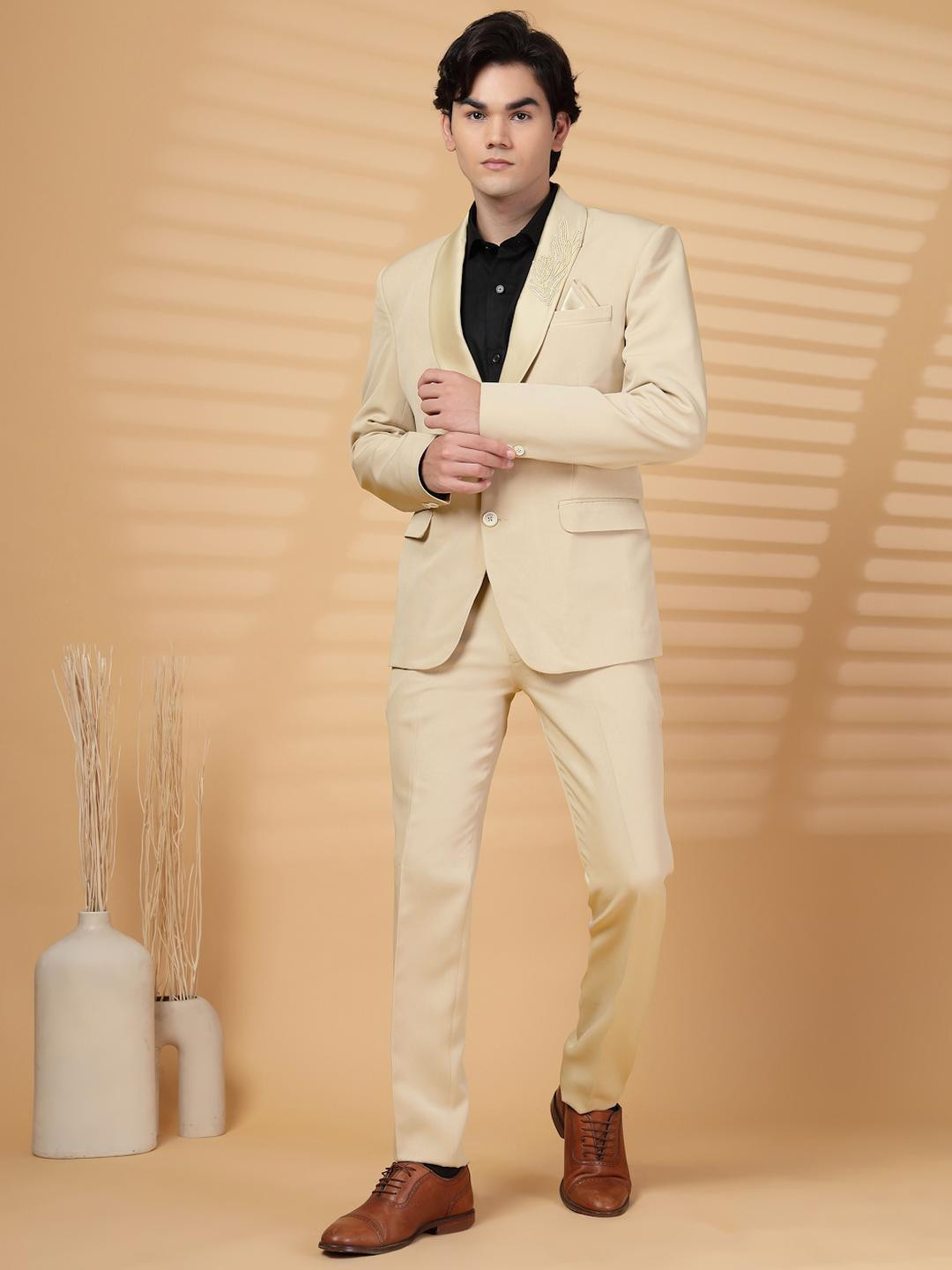 KLOTTHE Cream Solid Embroidery Single-Breasted Two-Piece Party Suit