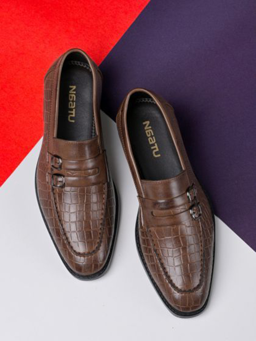NAATU Men Textured Round Toe Formal Loafers With Buckle