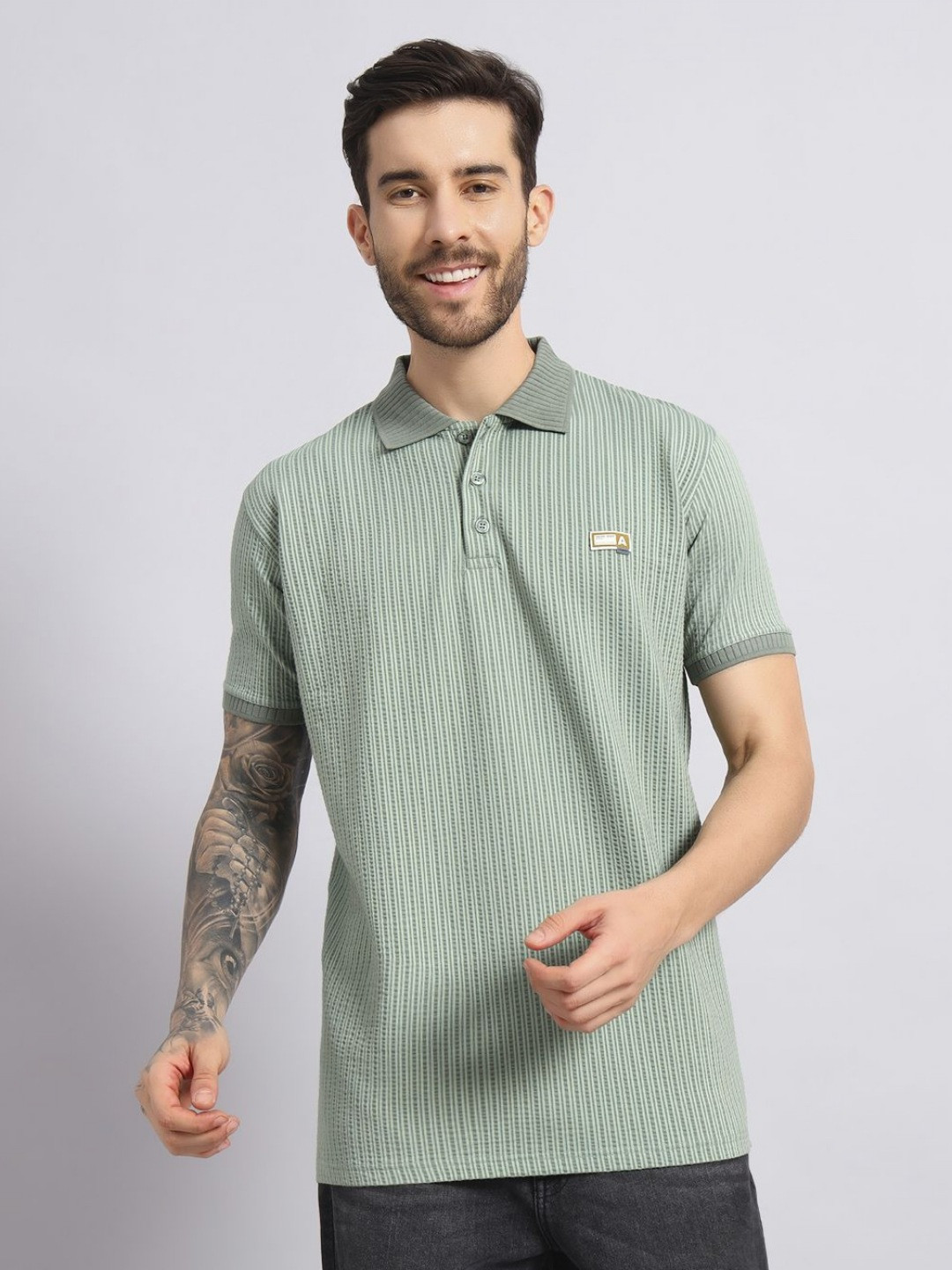 SANDPIPER Men Striped Polo Collar Cotton T-shirt