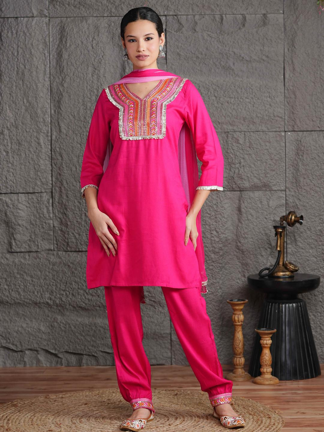Anouk Women Pink Solid Print Embroidery & Sequinned Work Kurta Afagani Salwar & Dupatta