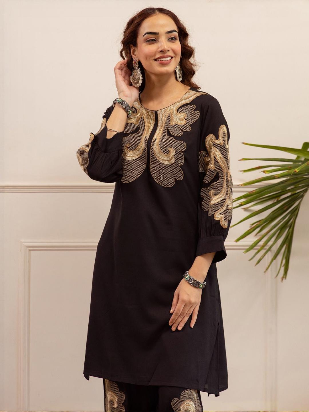 Indo Era Embroidered Round Neck Three Fourth Sleeve Tunic With Trouser Co-Ords