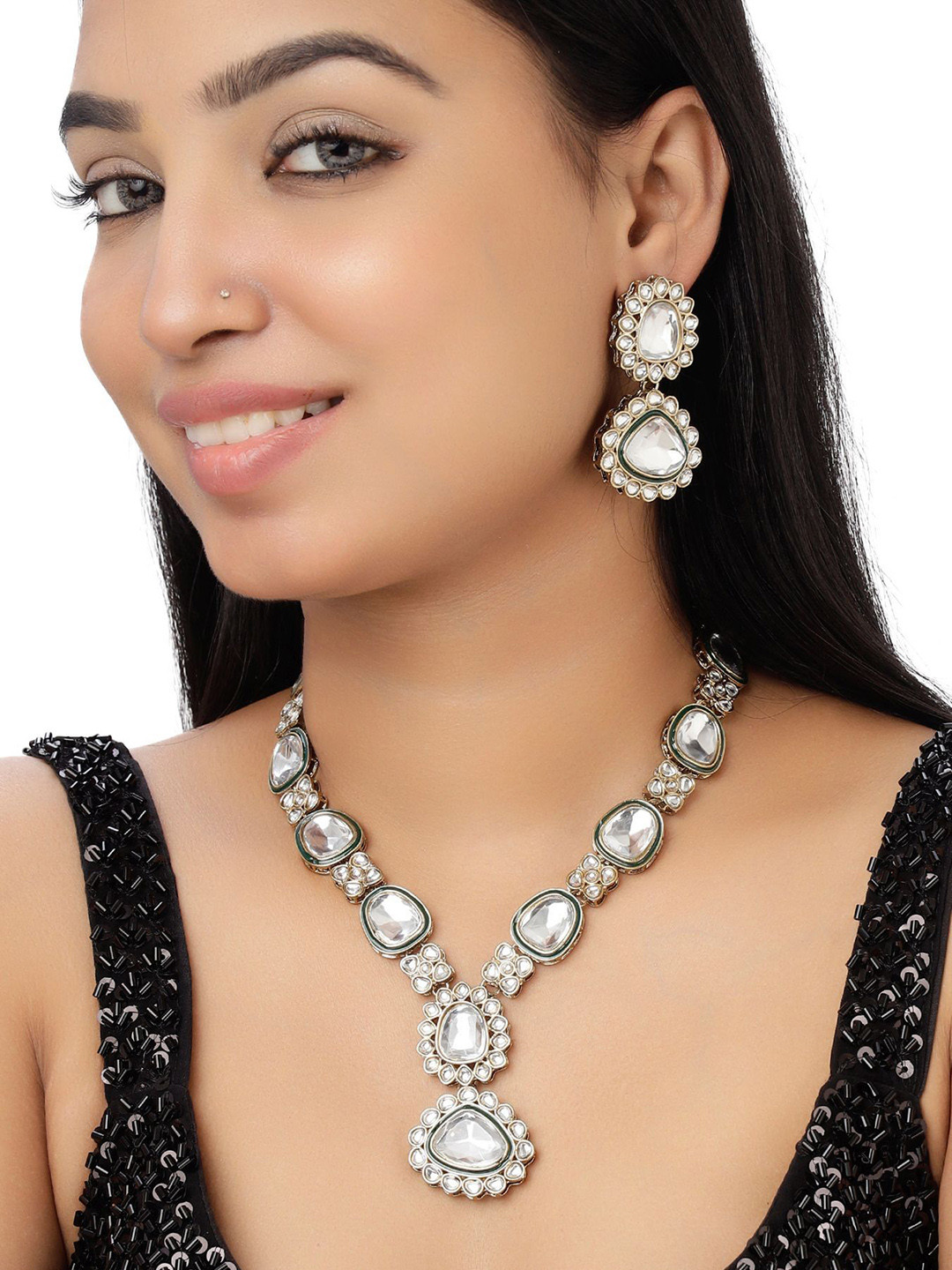 VELVET IMPERIAL Silver-Plated Kundan Studded Necklace & Earrings