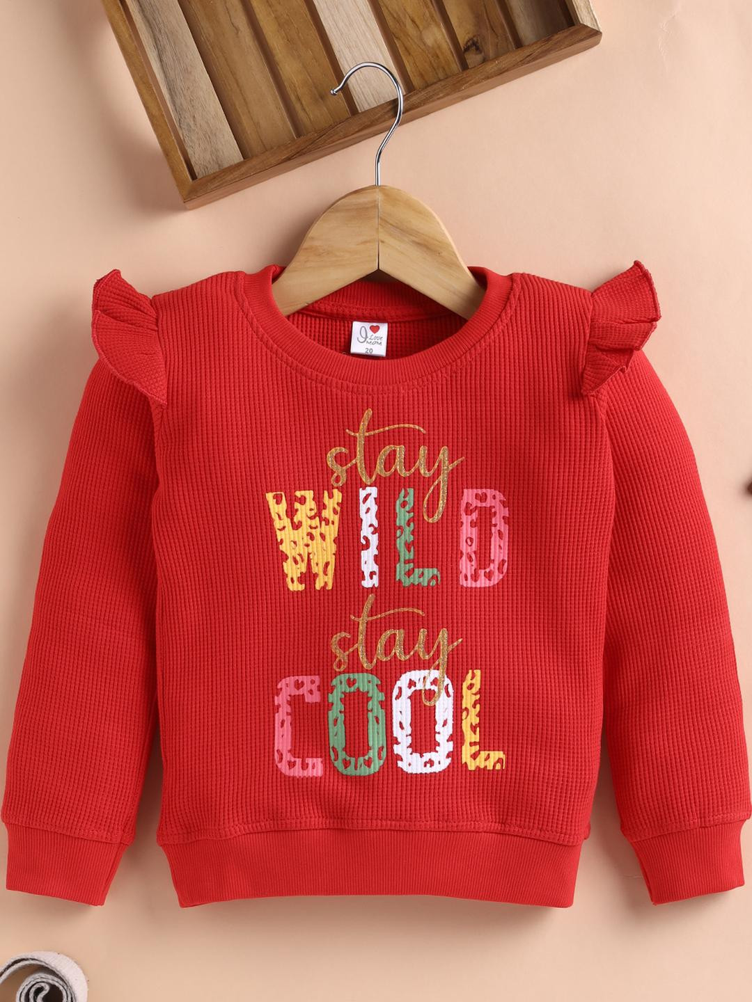 I LOVE MOM Girls Red Round Neck Long Sleeves Cotton Causal Winter Pullover Sweatshirt