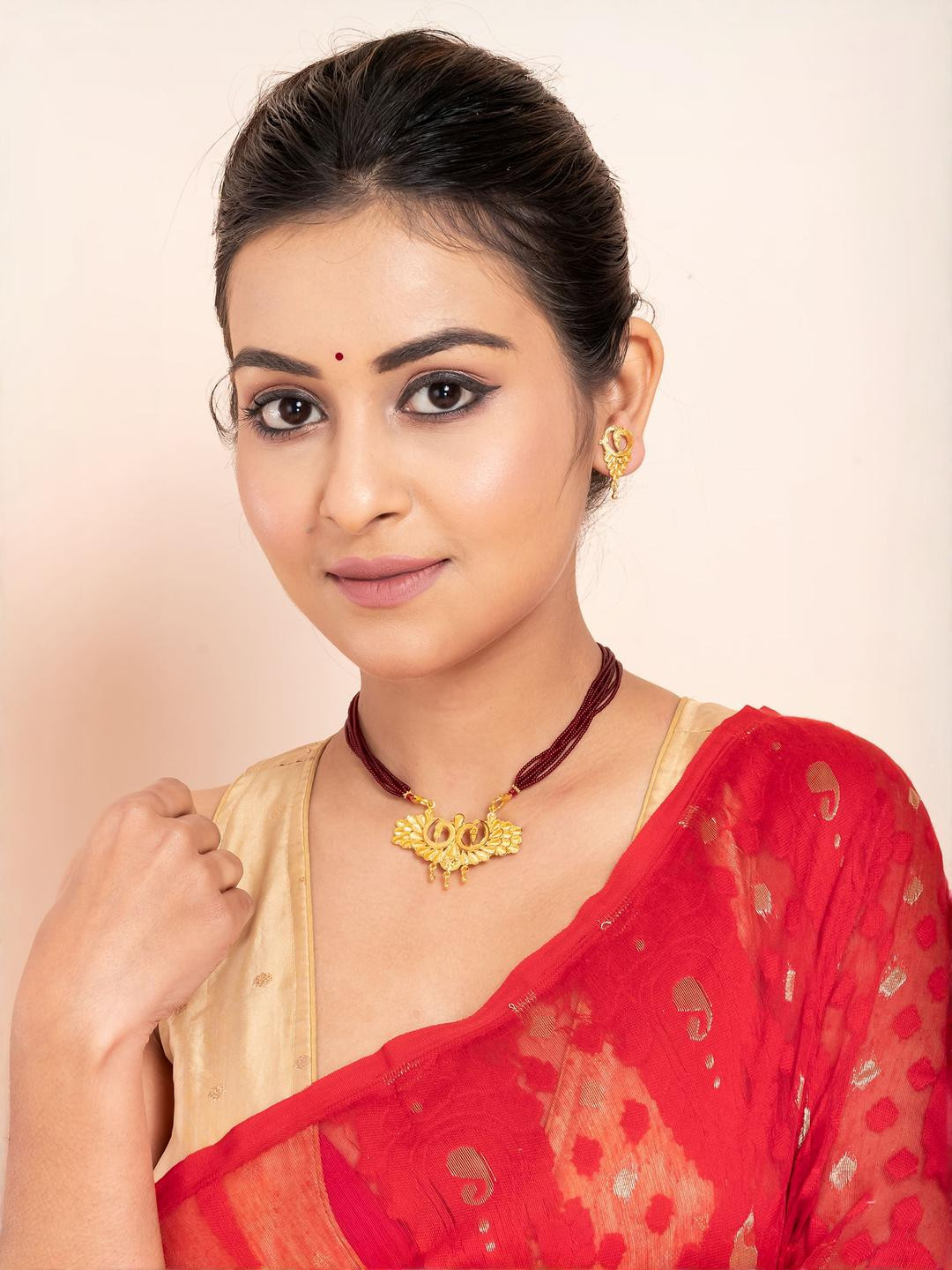 Upala Women Gold Plated Pendant Red Beaded Multi Strand With Earrings Jewellery Set