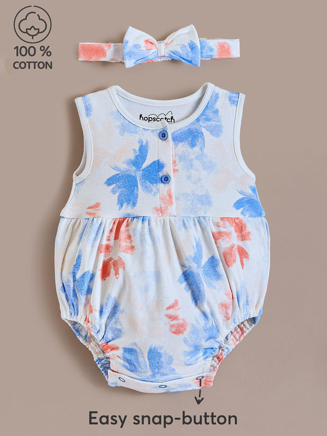 Hopscotch Kids Off White Pure Cotton Floral Bloom Onesie Bodysuit