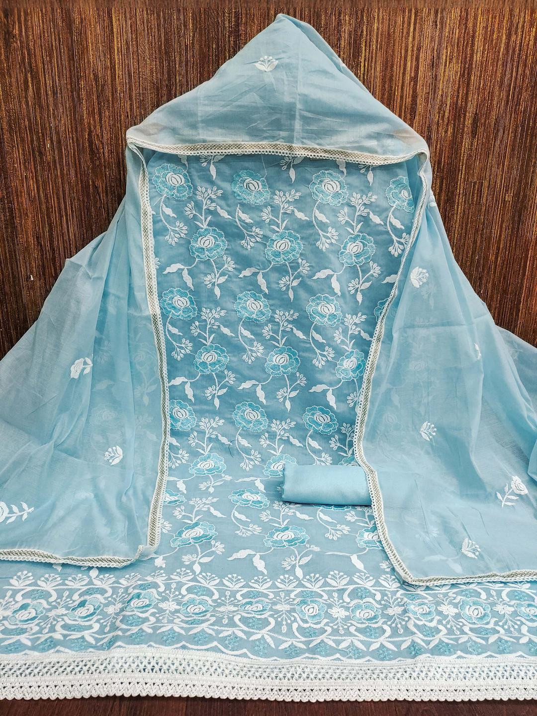 Kalini Women Sky Blue Chanderi Cotton Embroidery Unstitched Dress Material with Dupatta