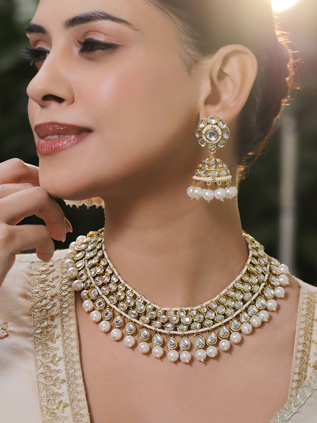 Rubans 22K Gold-Plated White Kundan & CZ Double Layer Necklace Set with White Pearl Beaded