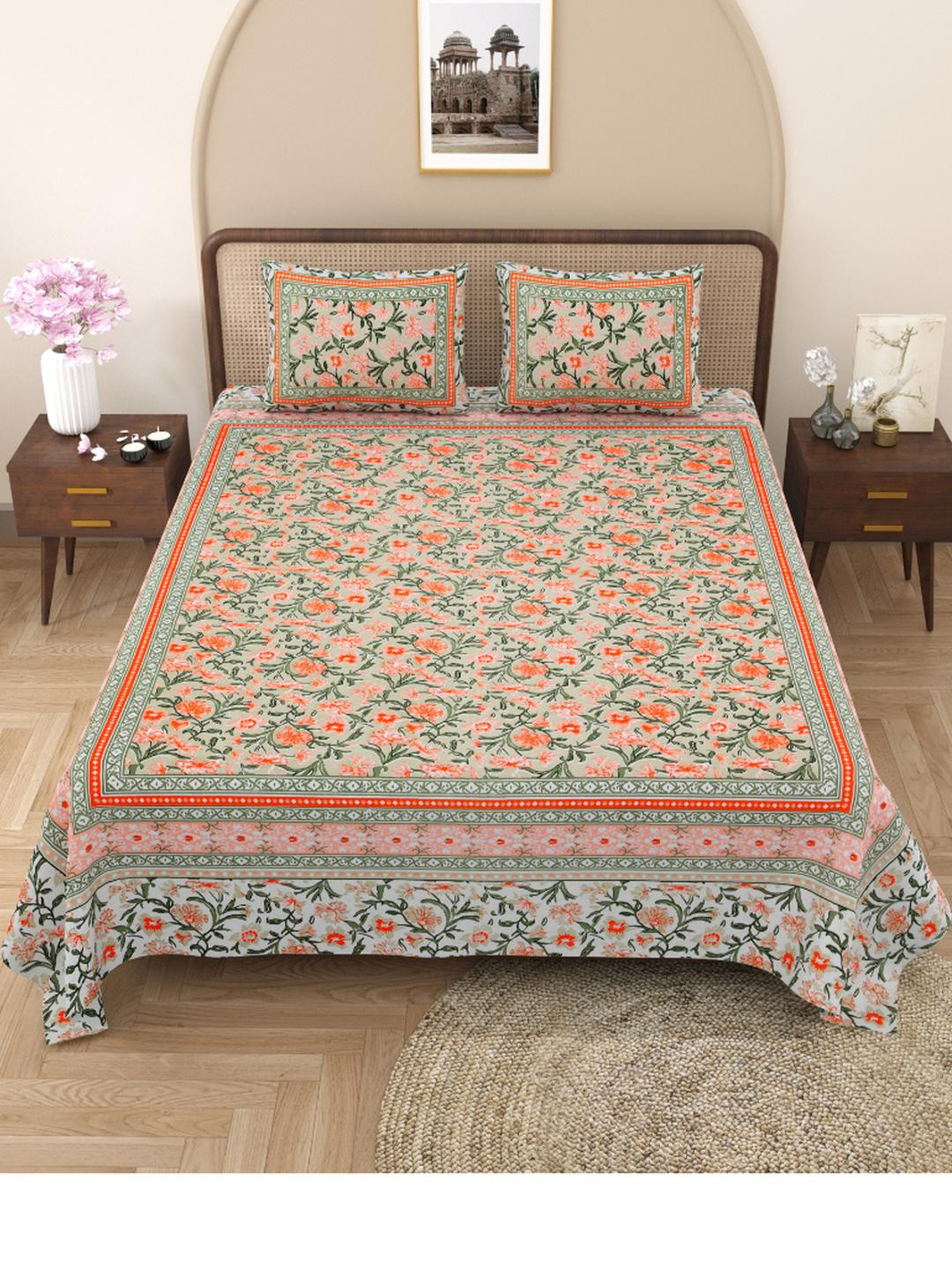 Shubastik Green & Orange Floral Print 210 TC King Bedsheet With 2 Pillow Covers
