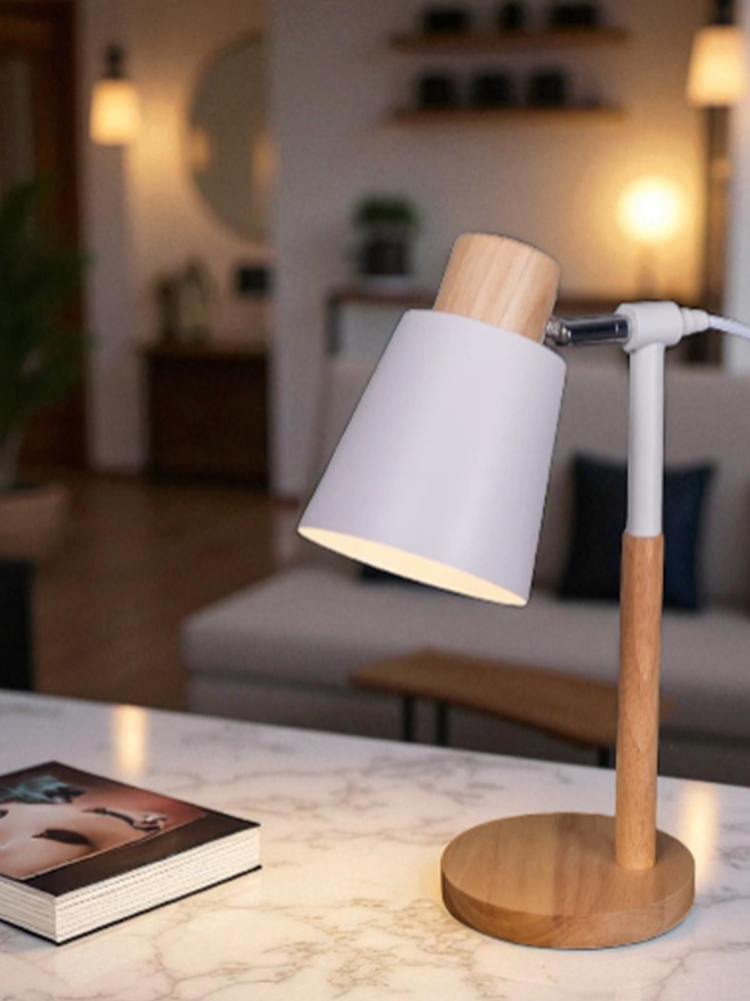 AARVI DECOR STUDIO White Wood Frusturical Shaped Table Lamp