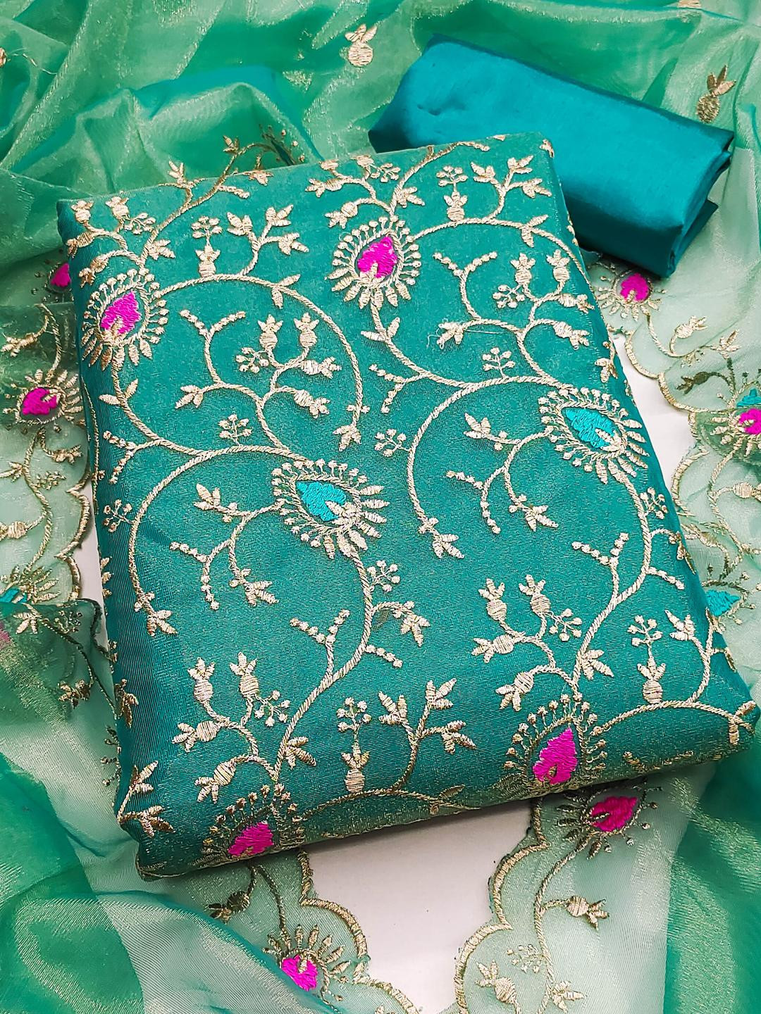 Kalini Women Sea Green Twill Silk Embroidery Unstitched Dress Material with Dupatta