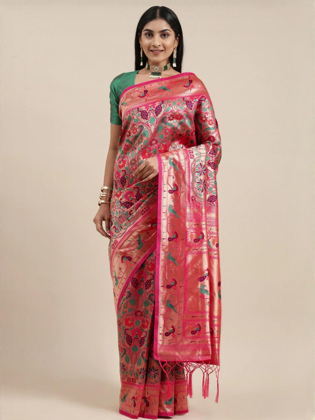 Pink Paithani Woven Design Saree With Zari Border Blouse