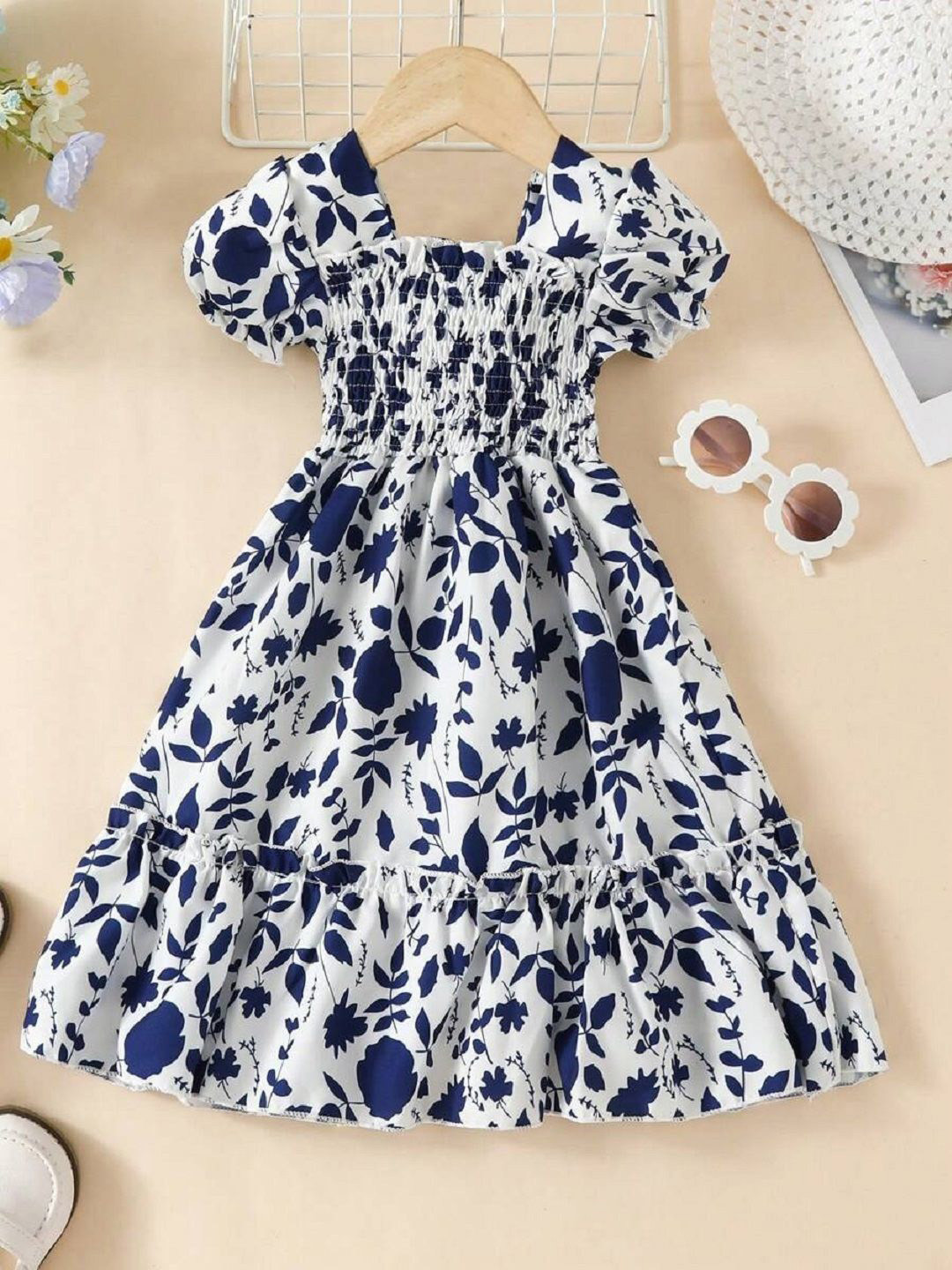 Miss & Chief Girls Square Neck Smocked Printed Puff Sleeve Fit & Flare Dress