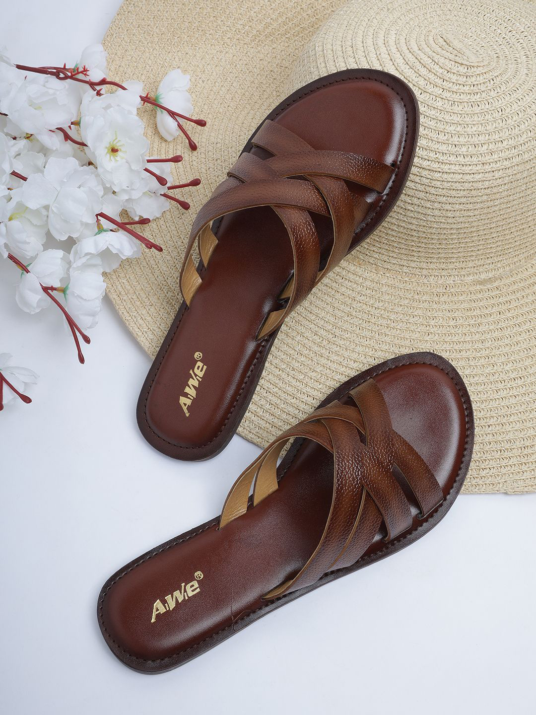 AIWIE Women Textured Open Toe Flats With Comfortable Footbed and Cross-Strap Design