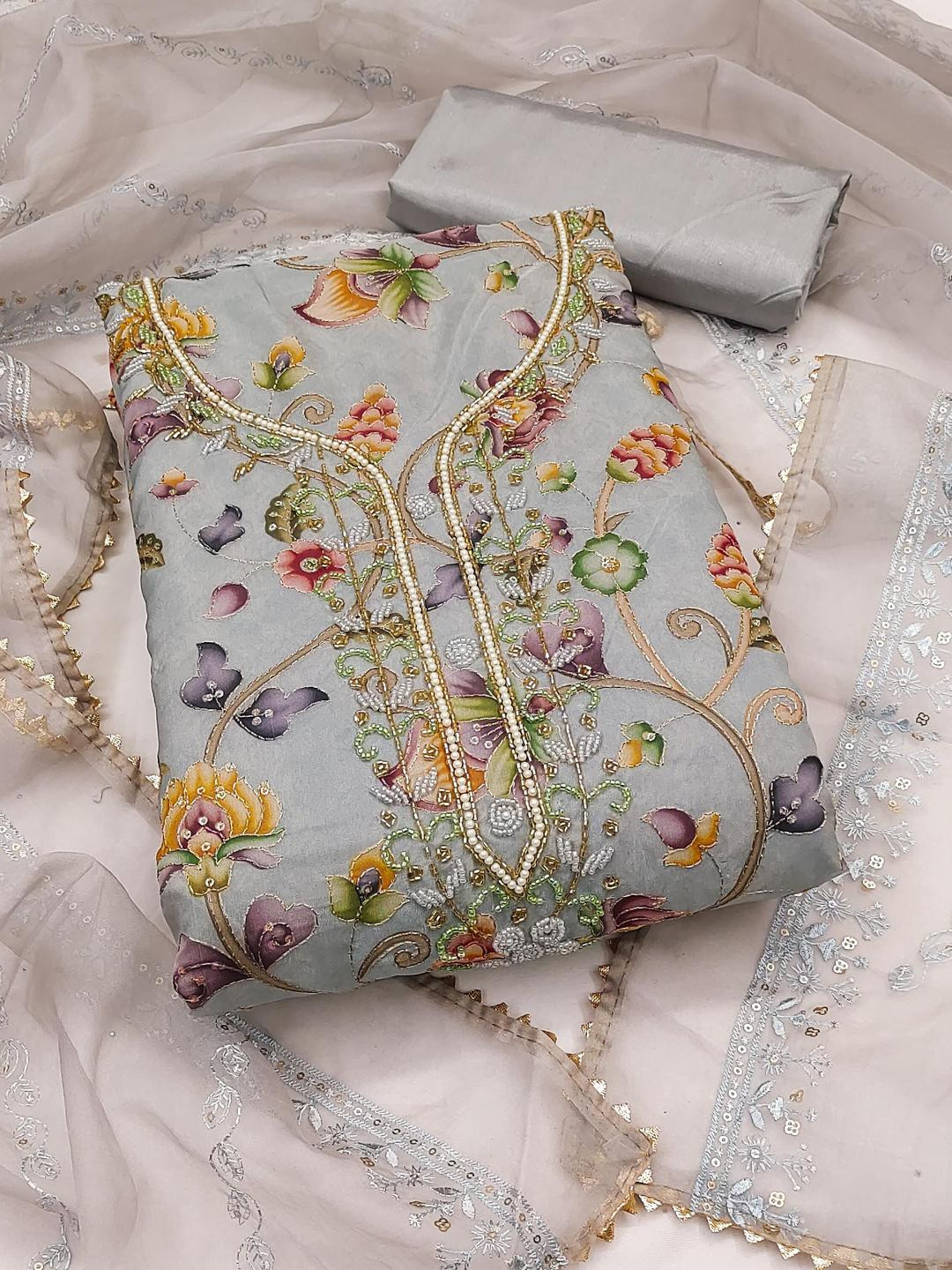 Kalini Women Light Grey Organza Sequence Unstitched Dress Material with Dupatta