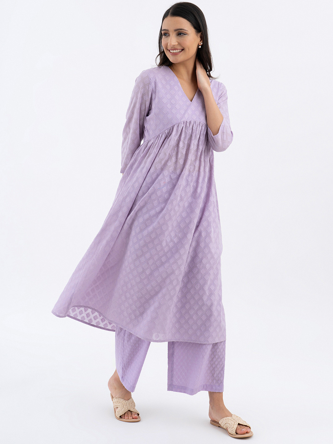 Pink Fort Women Lavender Printed Pleated Pure Cotton Kurti with Palazzos
