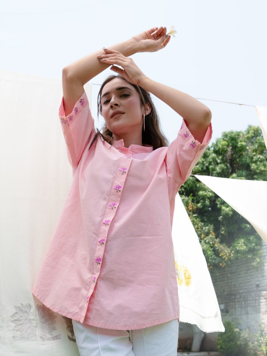 OCTOBER Blush Lotus Handpainted Band Neck Collar Cotton Shirt