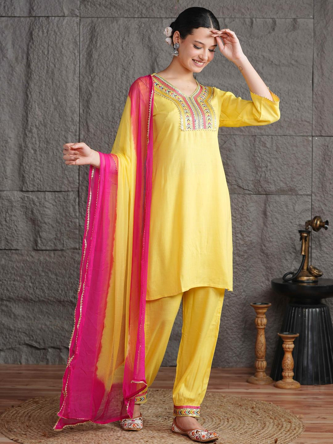 Anouk Women Solid Embroidery with Sequinned Work Kurta Afagani Salwar with Dupatta