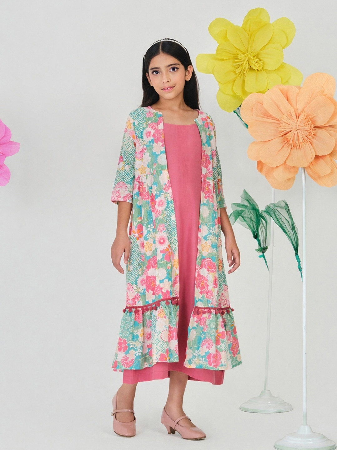 YK X Trampoline Girls Cotton Woven Floral Printed Dress with Shrug