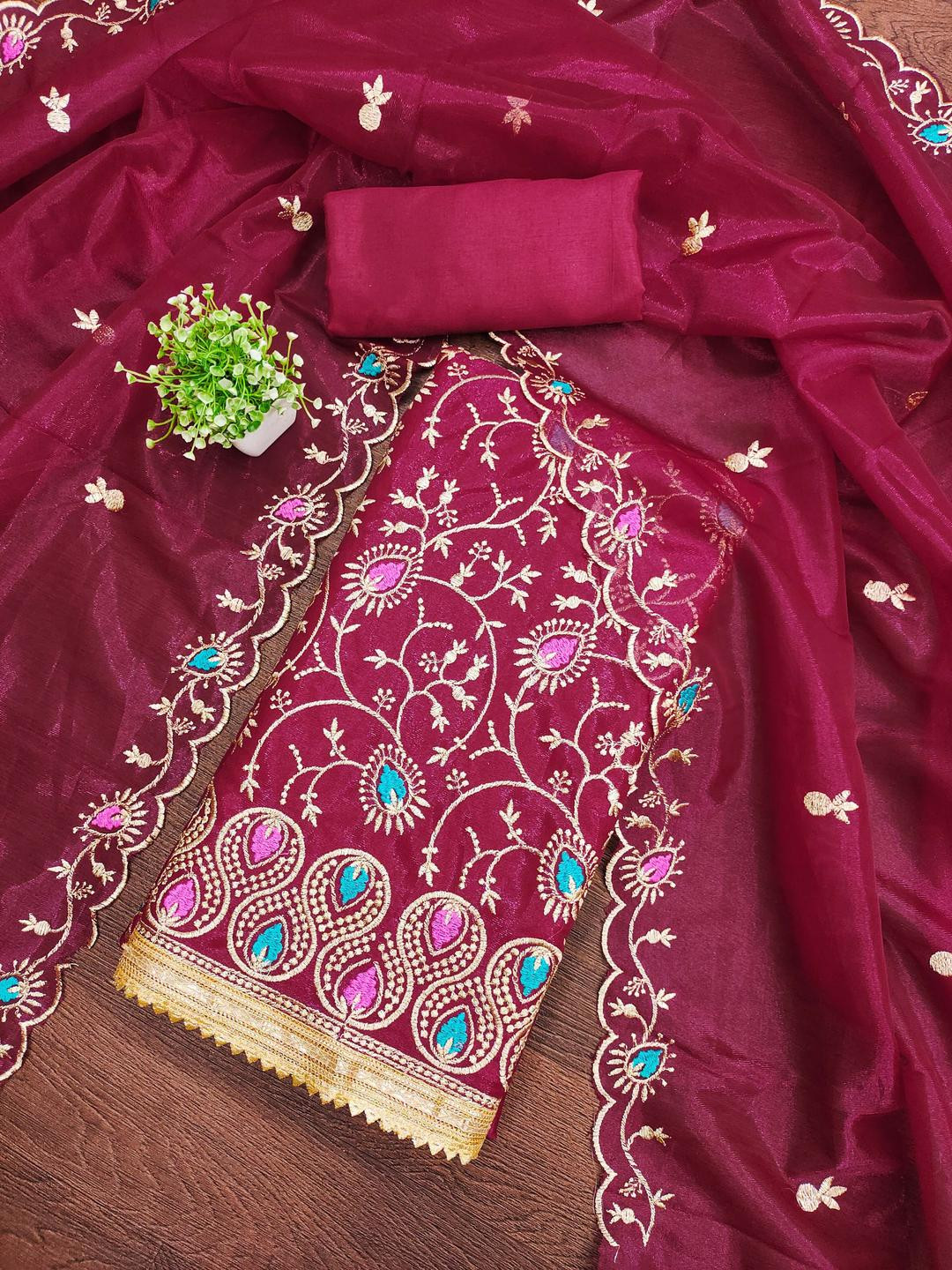 Kalini Women Magenta Twill Silk Embroidery Unstitched Dress Material with Dupatta
