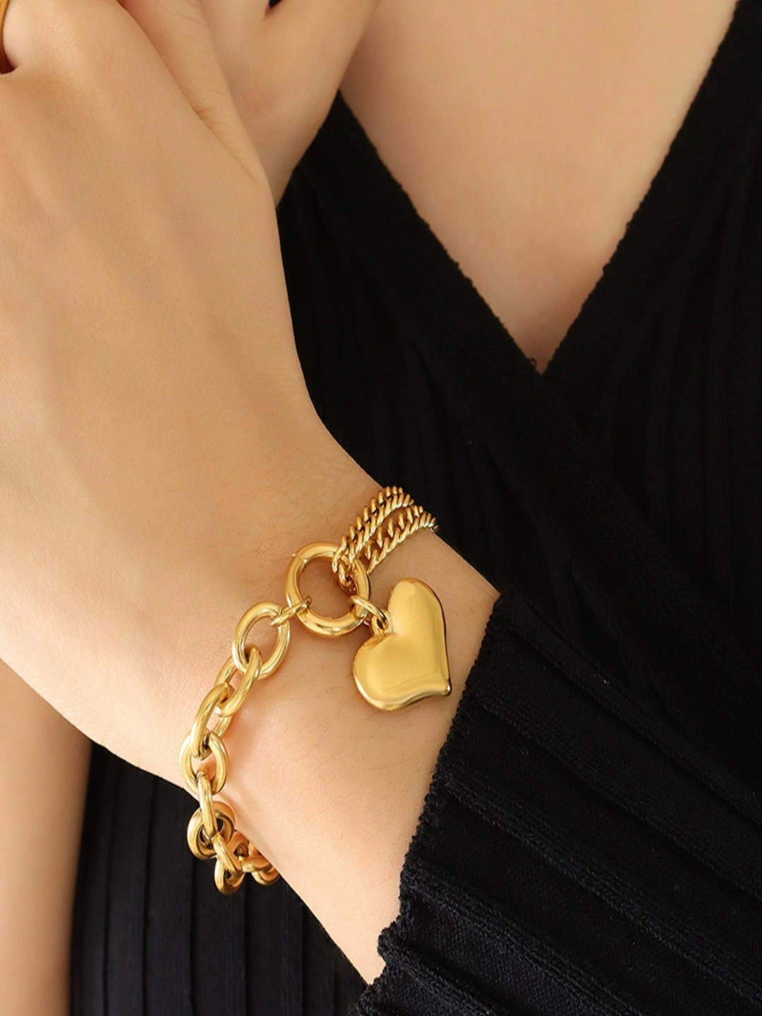 AQUASTREET 18K Gold Plated Waterproof Anti-Tarnish Heart Drop Chunky Chain Bracelet