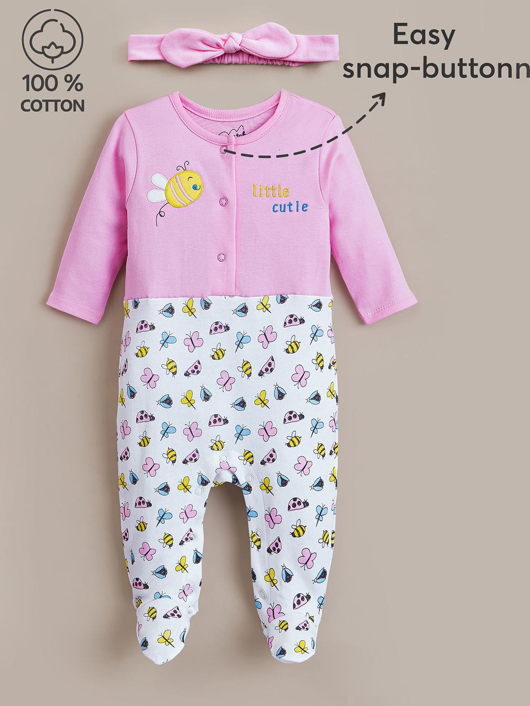 Hopscotch Girls Pink Round Neck Butterfly Bee Casual Cotton Footie Bodysuit