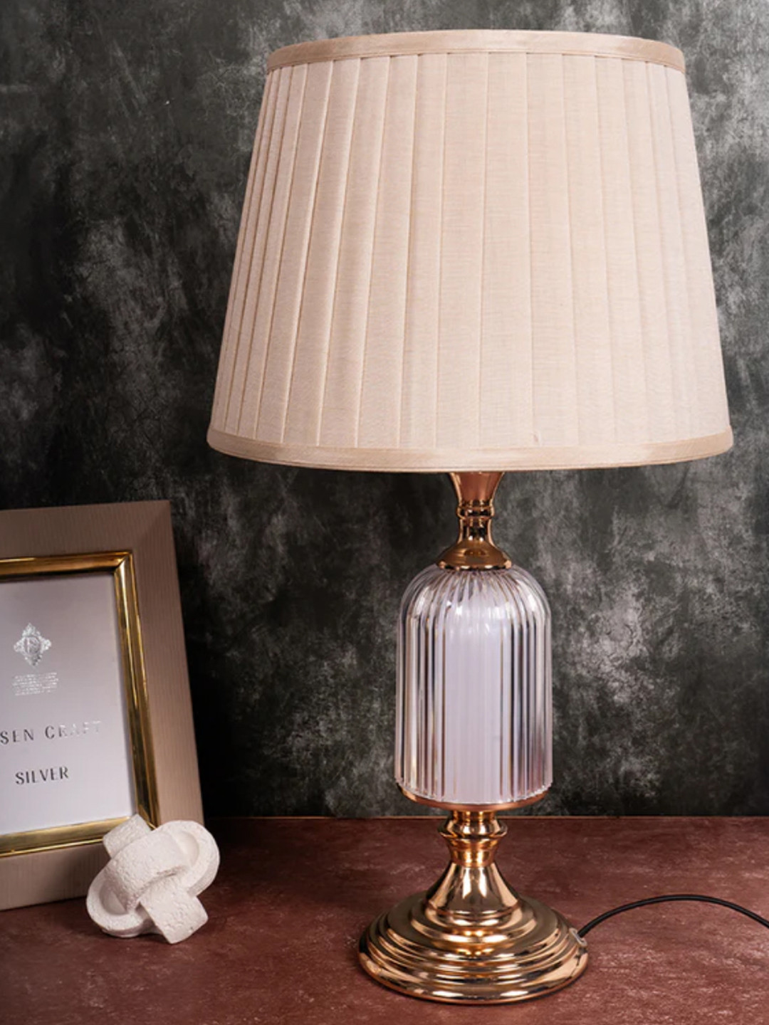 Aarvi Decor Beige Fabric Shade Table Lamp with Ribbed Glass Base  Elegant & Classic Design