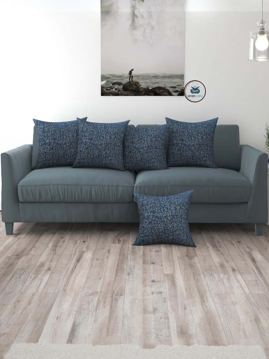 WISE HOME Blue Set of 5 Self Design Square Cushion Covers