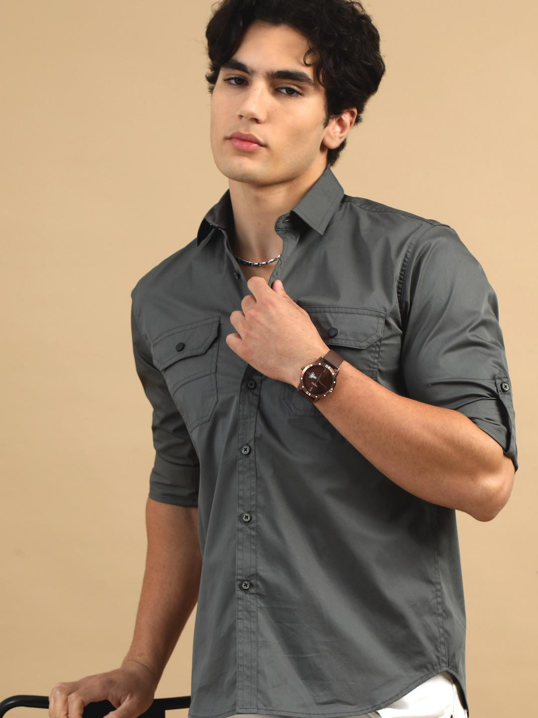 COOL COLORS Men Grey Slim Fit Casual Shirt