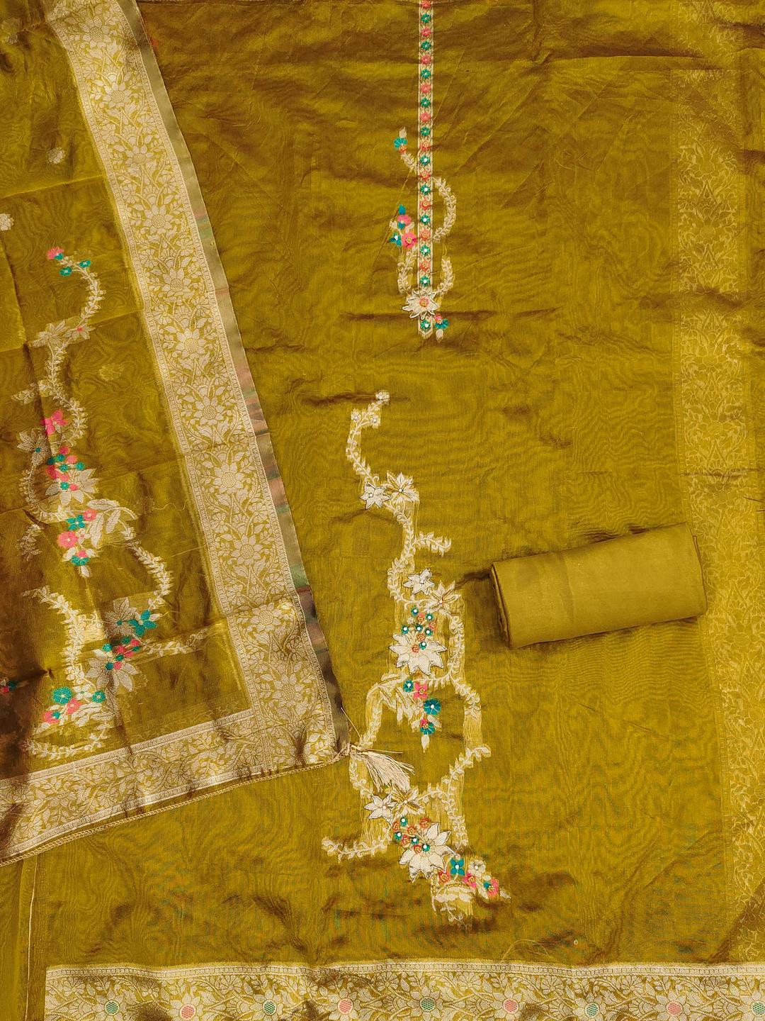 Kalini Women Mehandi Jacquard Hand Work Unstitched Dress Material with Dupatta